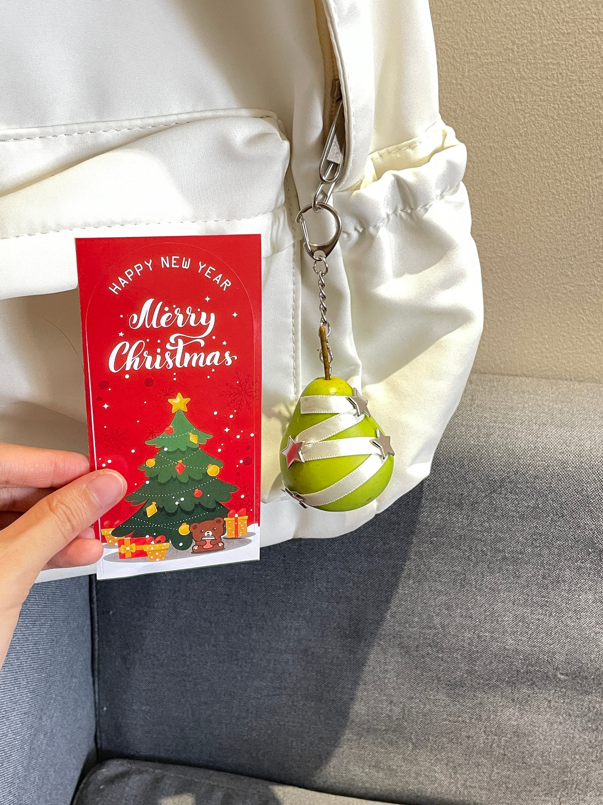 Artificial Pear Christmas Ornament, Ribbon Wrapped Fruit Bag Charm, Y2K Accessory