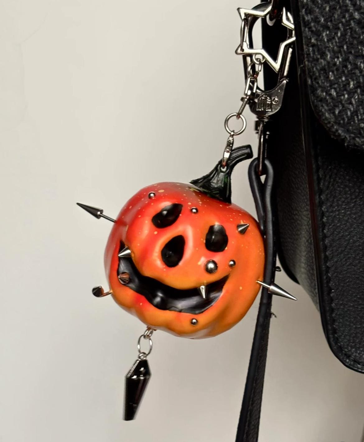 Gothic Halloween Pumpkin Bag Charm, Spiked Keychain, Spooky Purse Accessory, Punk Gift for Her