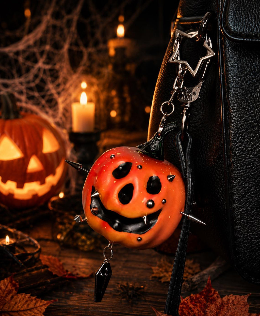 Gothic Halloween Pumpkin Bag Charm, Spiked Keychain, Spooky Purse Accessory, Punk Gift for Her