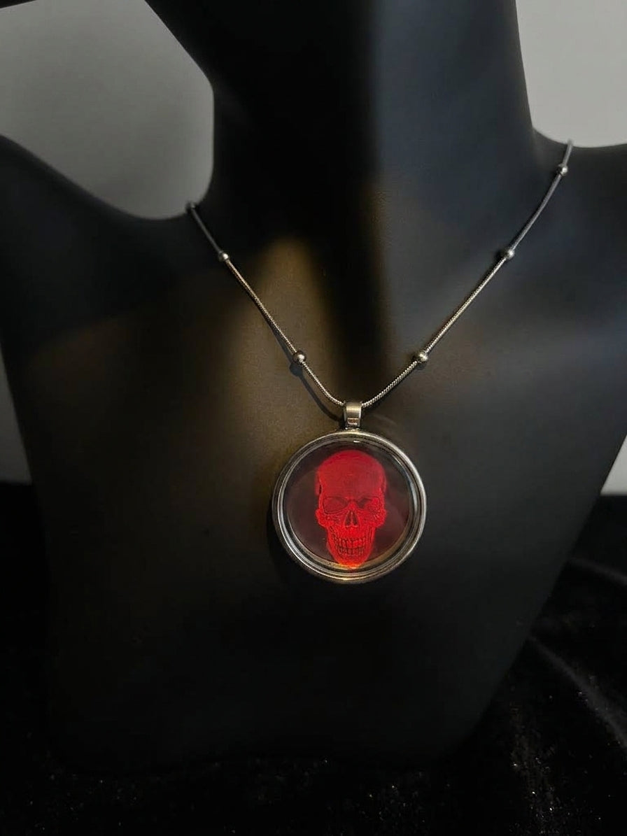 3D Holographic Skull Necklace, Red Iridescent Pendant, Halloween Gothic Jewelry