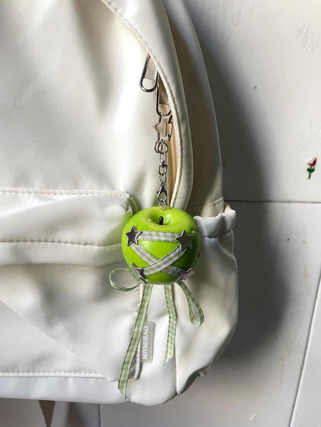 Y2K Red Apple Keychain, Star Punk Bag Charm, Silver Studded Fruit Jewelry Accessory
