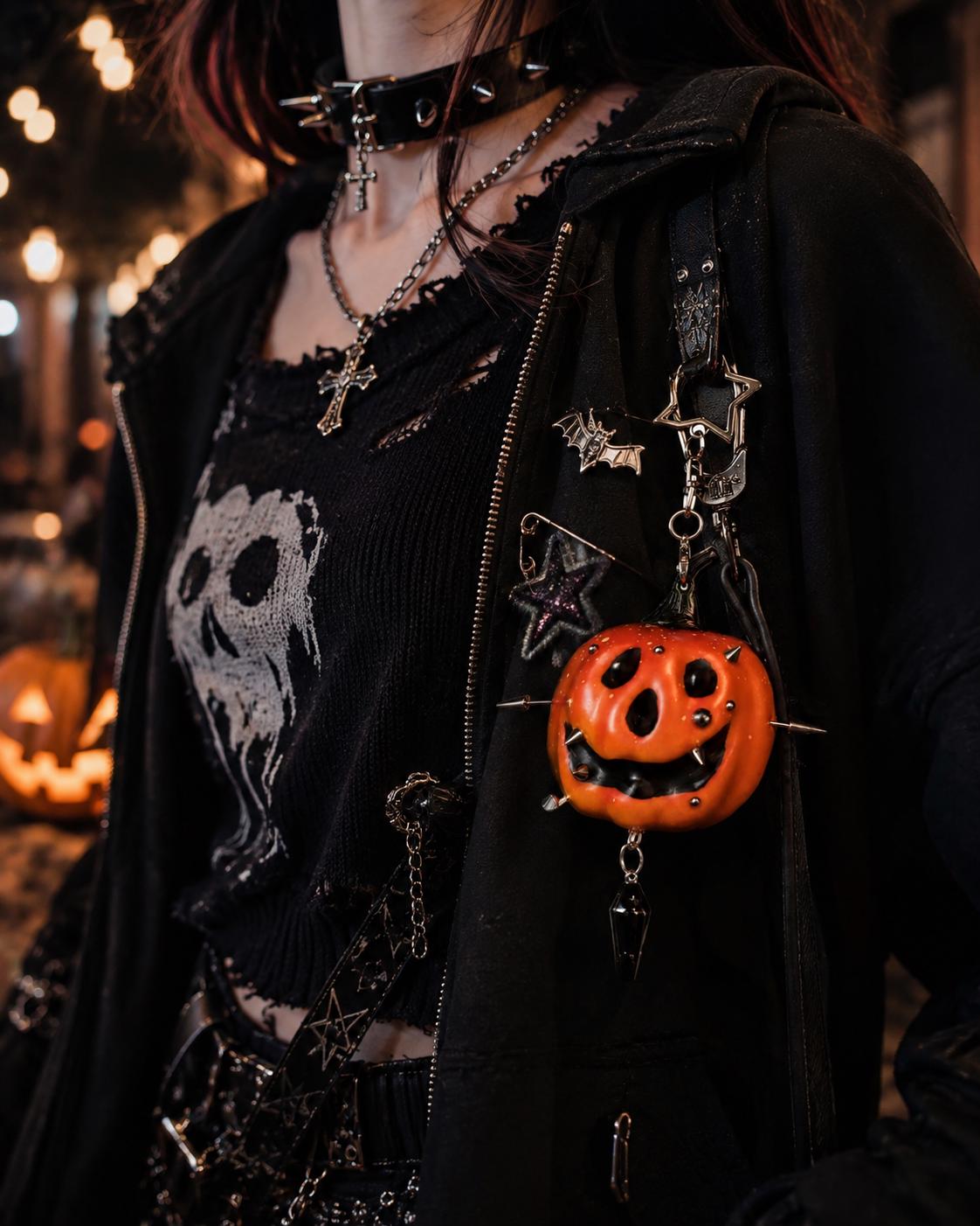 Gothic Halloween Pumpkin Bag Charm, Spiked Keychain, Spooky Purse Accessory, Punk Gift for Her