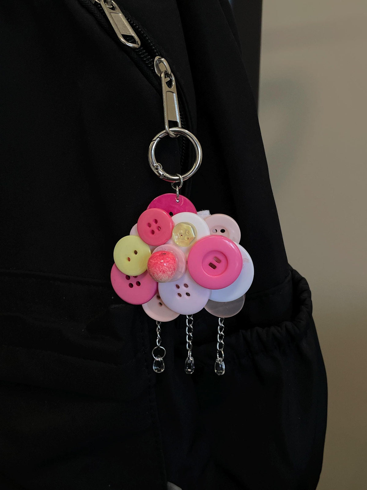 Handmade Button Keychain, Pink Cloud Apple Charm, Pastel Purse Accessory, Fruit Bag Decor