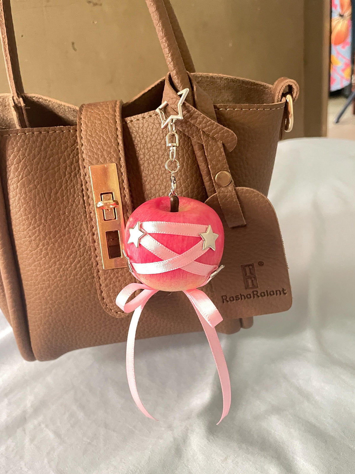 Y2K Red Apple Keychain, Star Punk Bag Charm, Silver Studded Fruit Jewelry Accessory