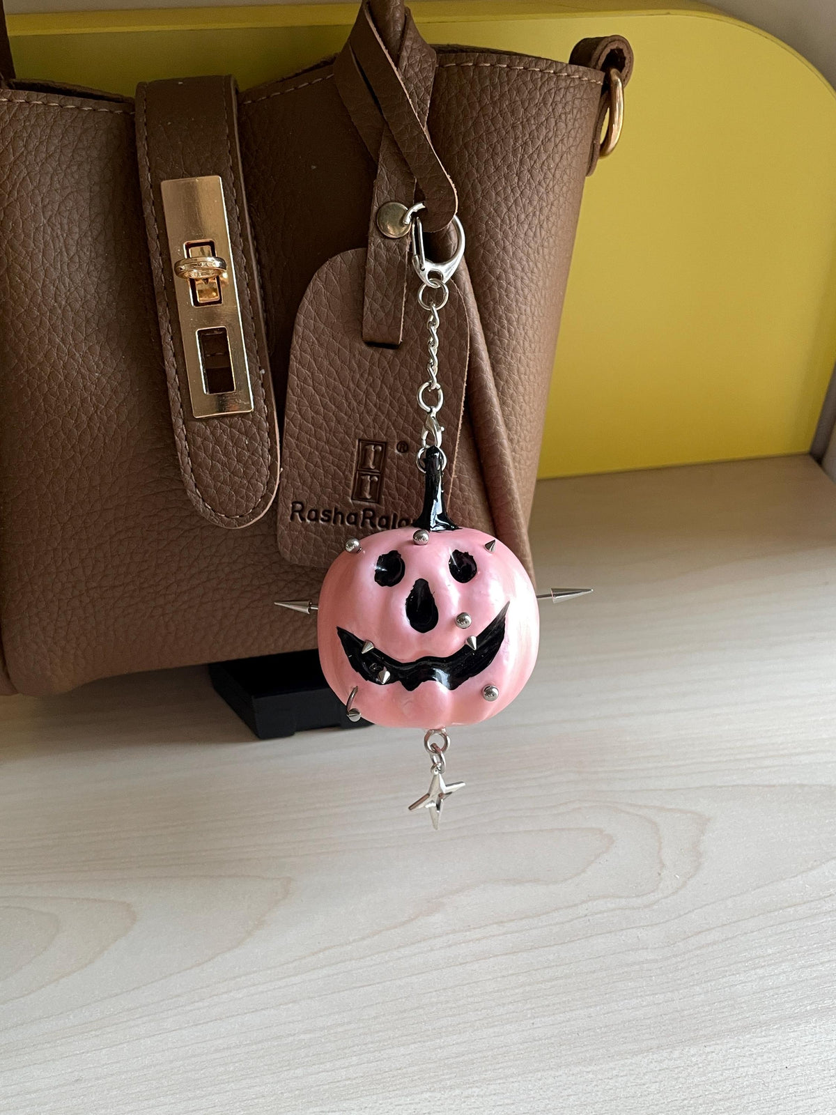 Gothic Halloween Pumpkin Bag Charm, Spiked Keychain, Spooky Purse Accessory, Punk Gift for Her