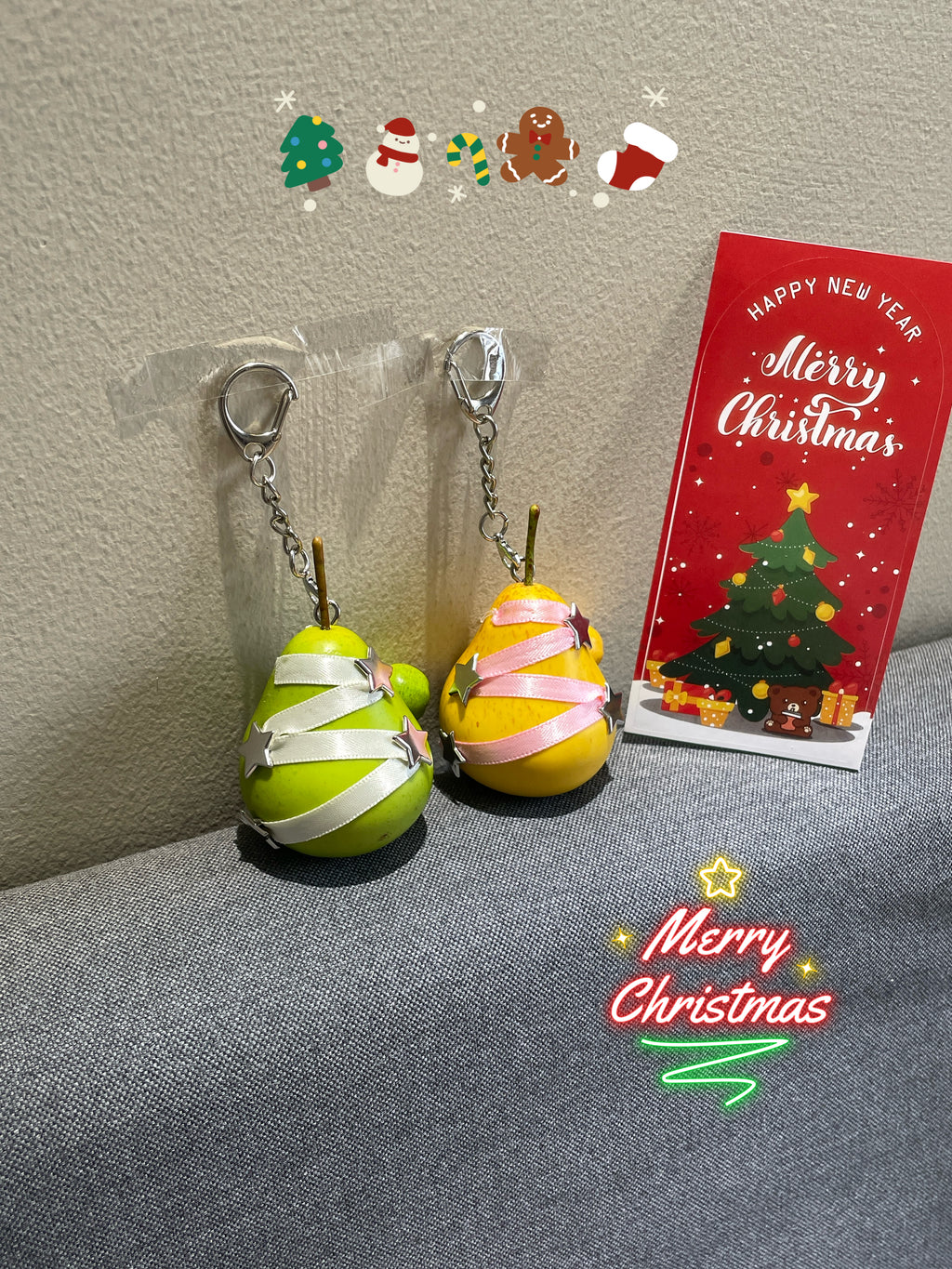 Artificial Pear Christmas Ornament, Ribbon Wrapped Fruit Bag Charm, Y2K Accessory