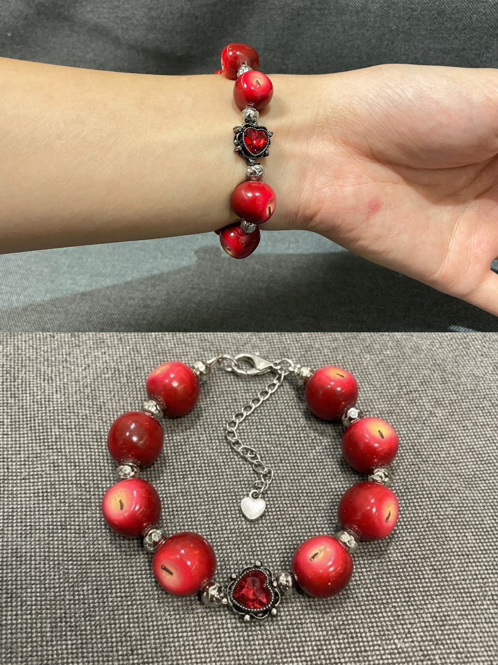 Lucky Apple Beaded Bracelet, Whimsical Resin Fruit Jewelry, Dark Coquette Twilight Gothic Gift