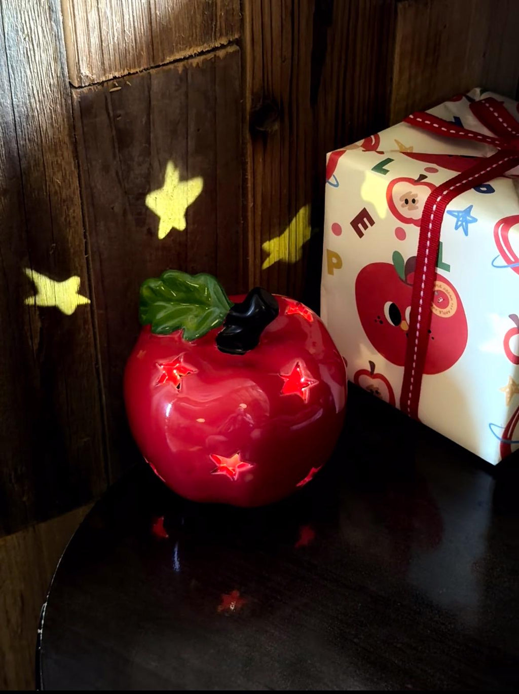 Ceramic Apple Night Light, Star Cutout, Christmas Gift