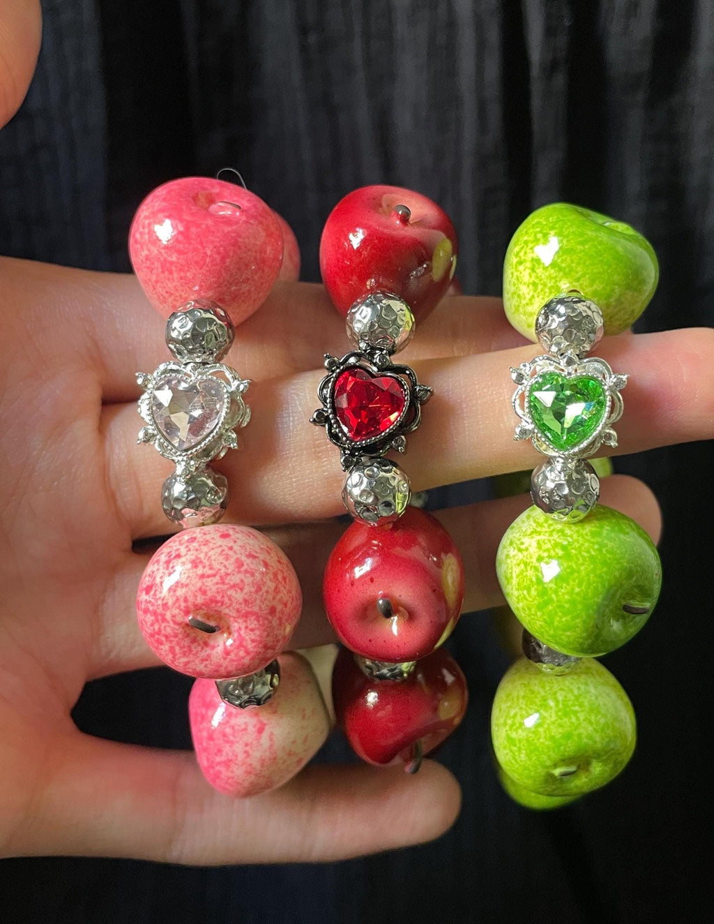 Lucky Apple Beaded Bracelet, Whimsical Resin Fruit Jewelry, Dark Coquette Twilight Gothic Gift