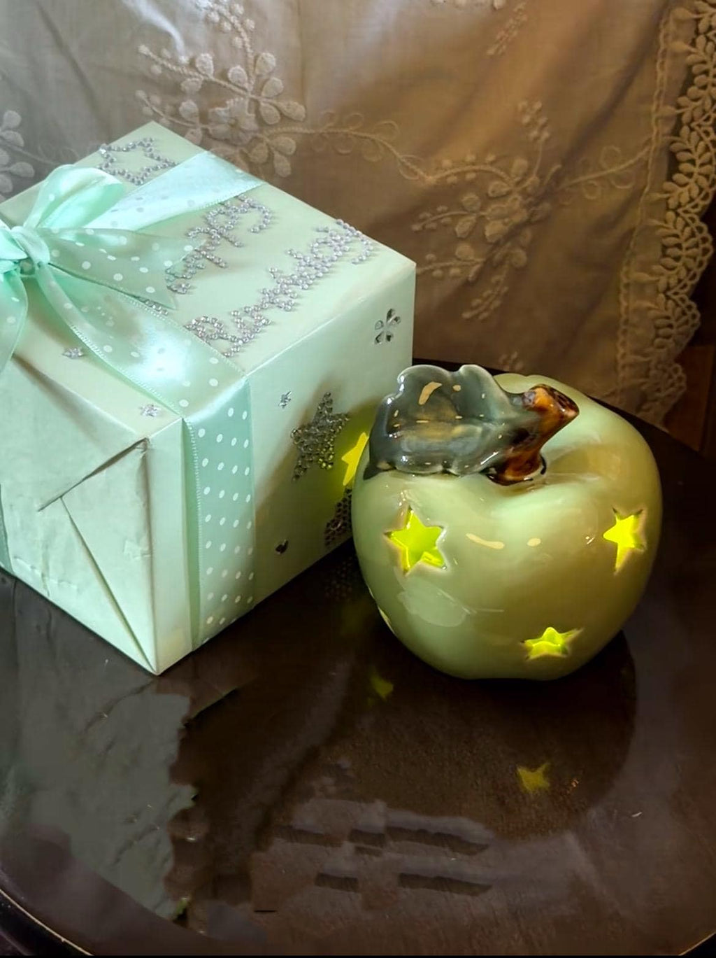 Ceramic Apple Night Light, Star Cutout, Christmas Gift