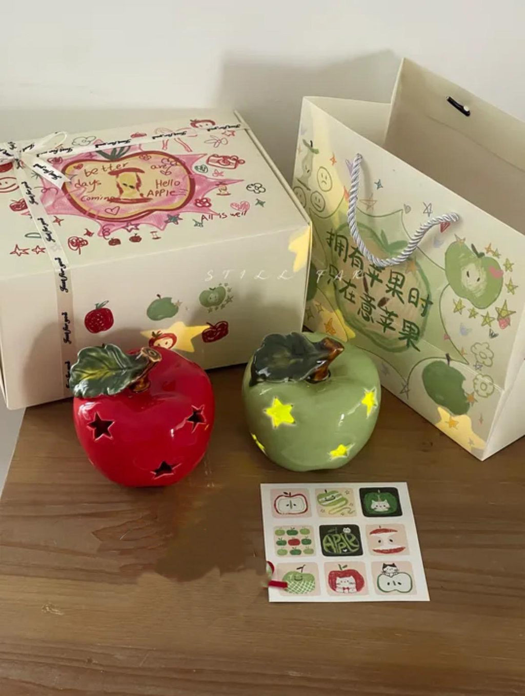 Ceramic Apple Night Light, Star Cutout, Christmas Gift