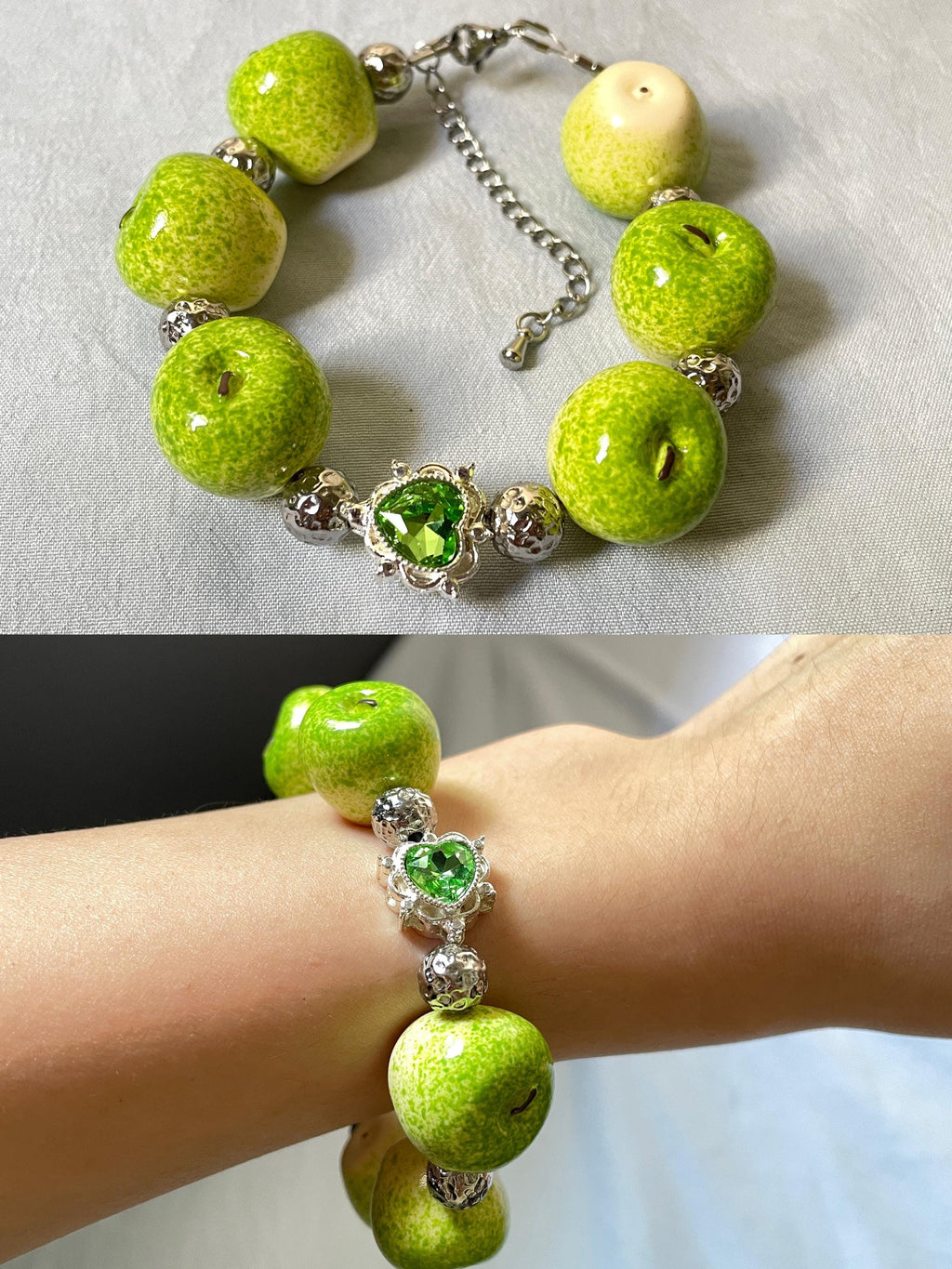Lucky Apple Beaded Bracelet, Whimsical Resin Fruit Jewelry, Dark Coquette Twilight Gothic Gift
