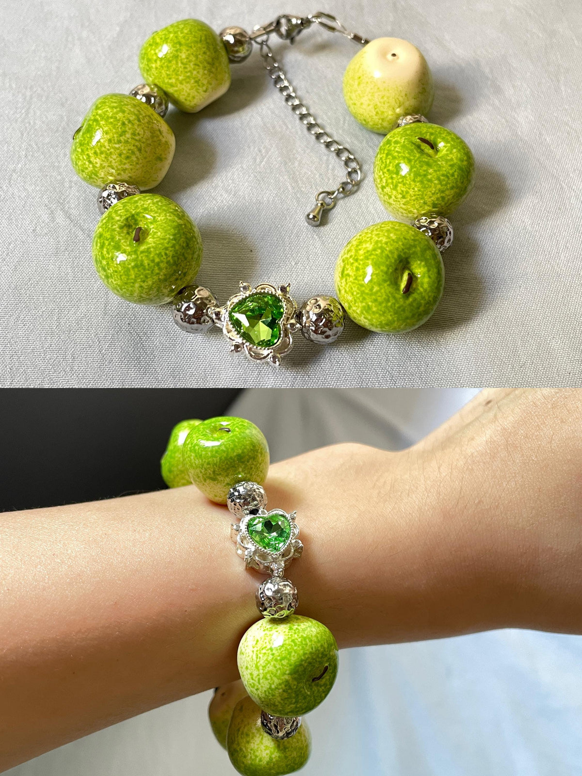 Lucky Apple Beaded Bracelet, Whimsical Resin Fruit Jewelry, Dark Coquette Twilight Gothic Gift