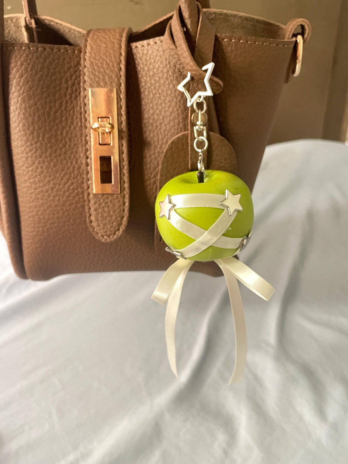 Y2K Red Apple Keychain, Star Punk Bag Charm, Silver Studded Fruit Jewelry Accessory