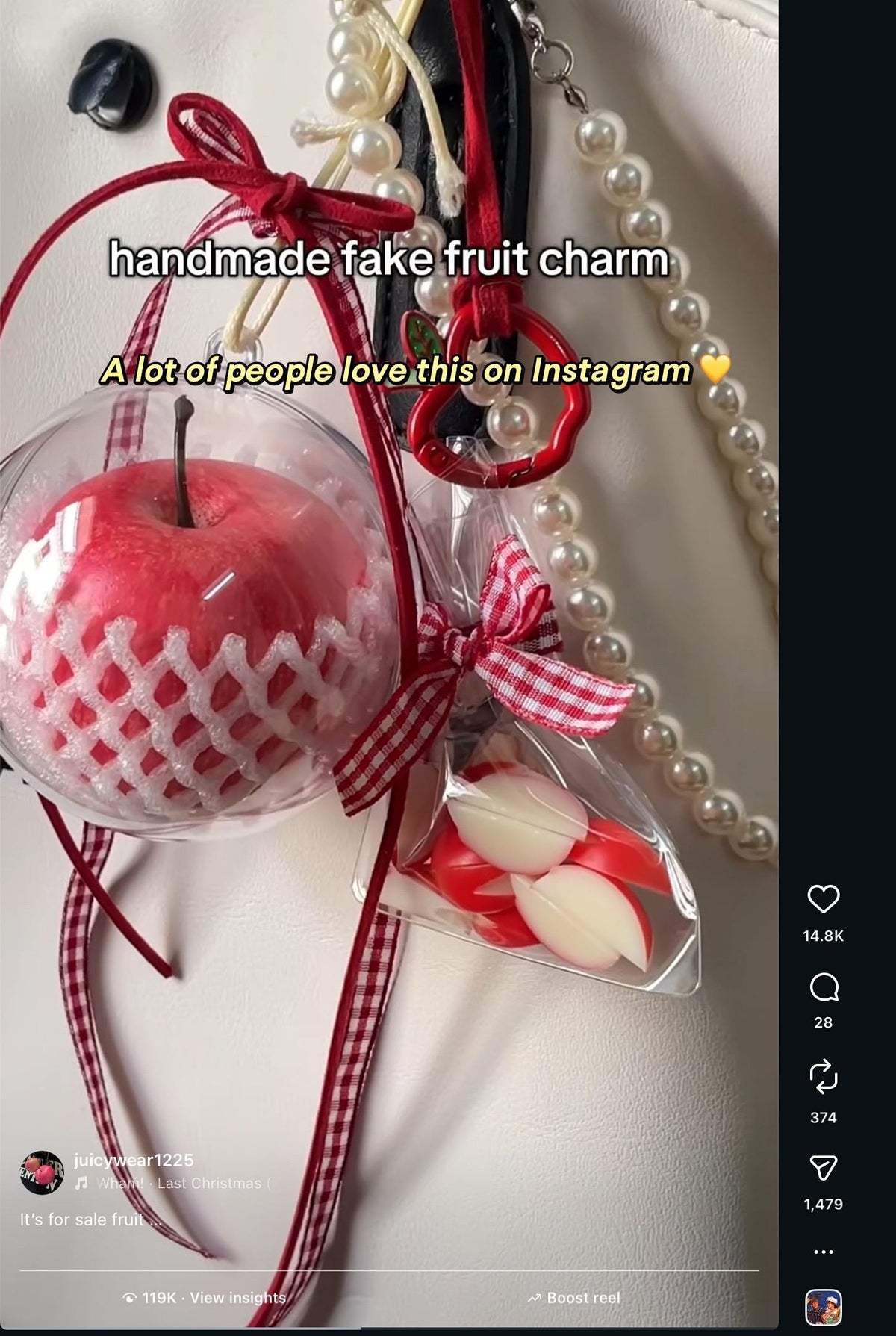Realistic Pink Apple Keychain,  Fruit Bag Charm, Summer Accessory