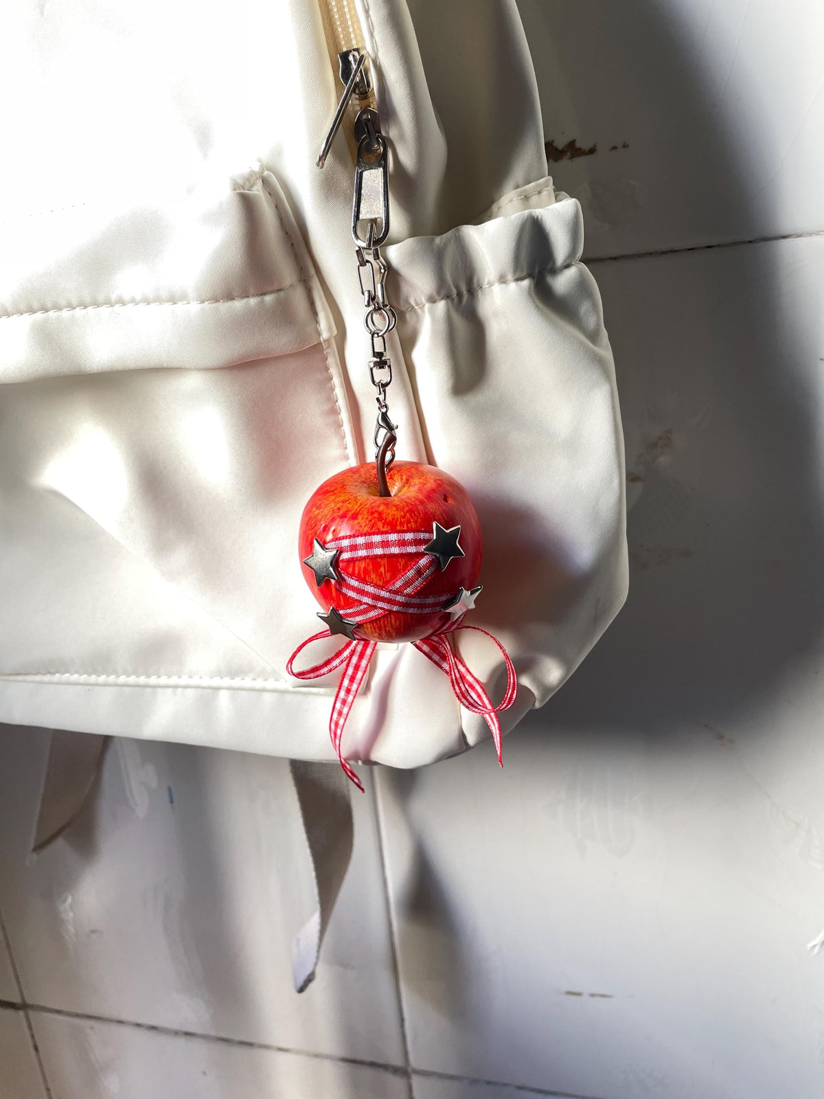 Y2K Red Apple Keychain, Star Punk Bag Charm, Silver Studded Fruit Jewelry Accessory