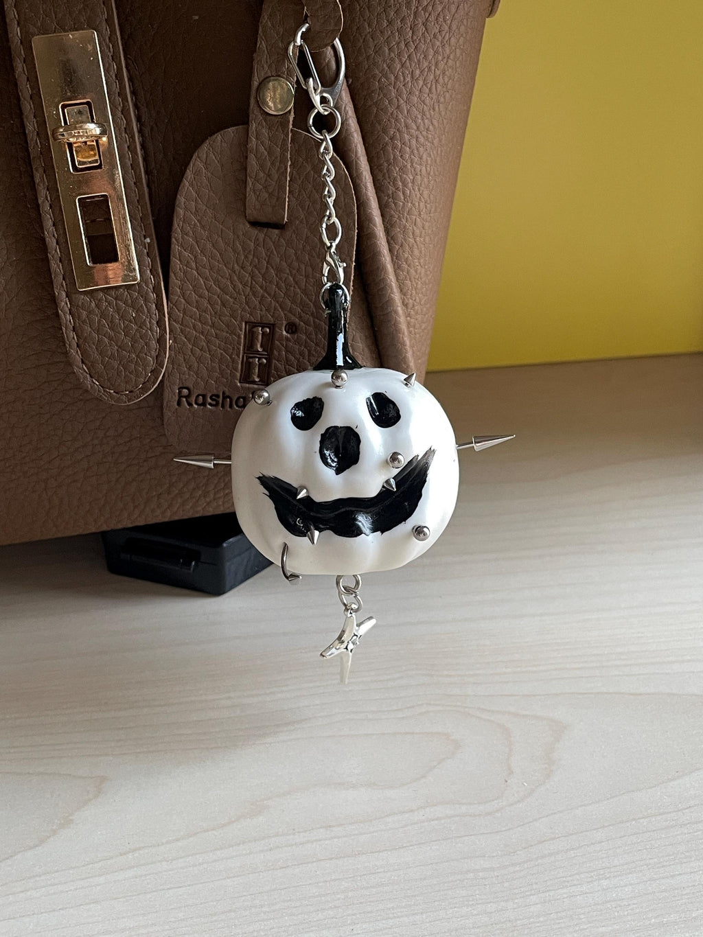 Gothic Halloween Pumpkin Bag Charm, Spiked Keychain, Spooky Purse Accessory, Punk Gift for Her